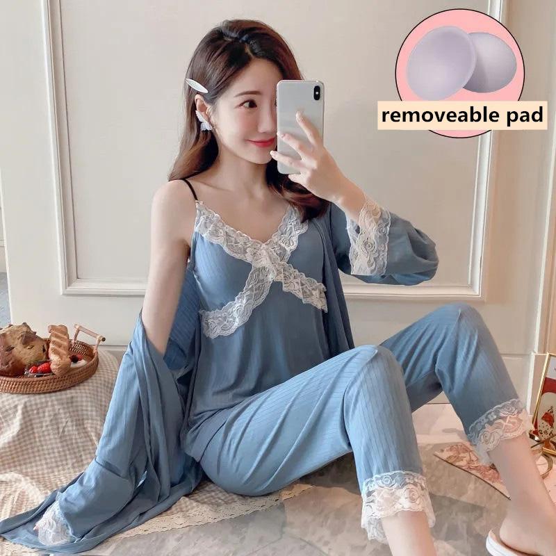 3 Pieces Women's Spring Autumn Pajamas Set Thin Sexy Lace Strap Chest Pads Suspenders Trousers Robes Homewear Solid Color V-neck Removable Chest Pad