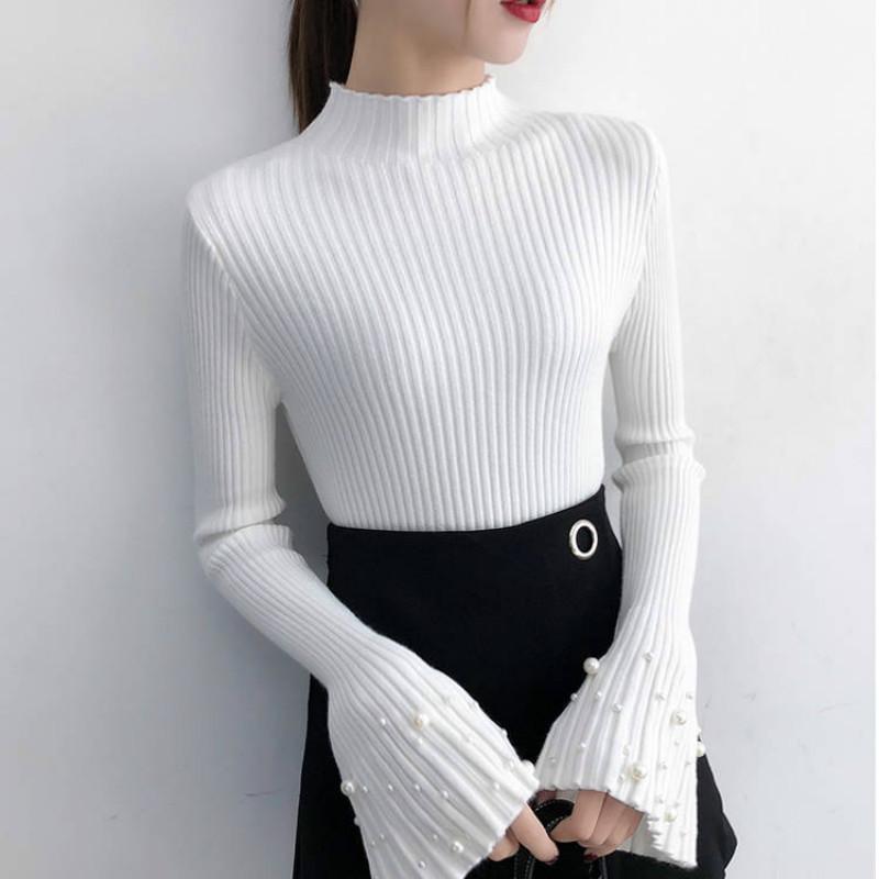 Trumpet Sleeves Pullover Sweater Women's Long-sleeved Slim Beaded Sweater Bottoming Shirt