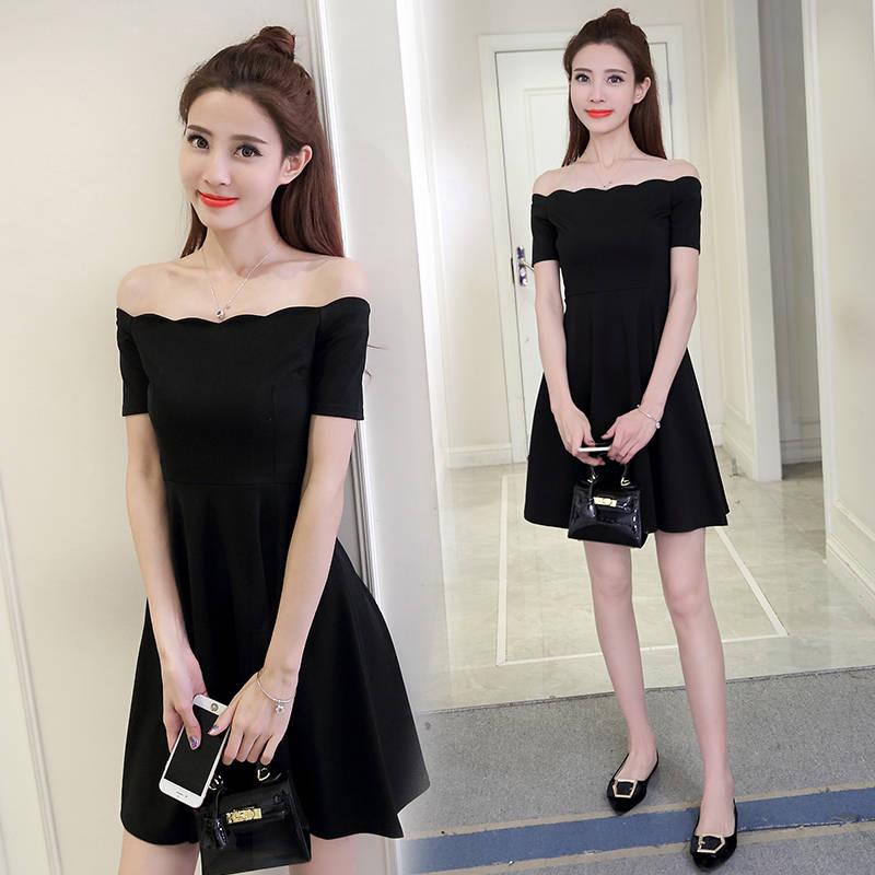 Pofulove Sexy Off-Shoulder Dress slim Black Evening Dress Strapless dress above knee A-line dress