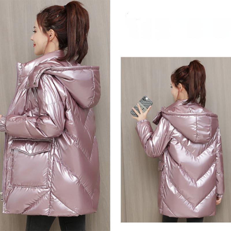 Winter Korean Style Loose Coat Warm Stand-collar Down Jacket Women's Shiny Mid-length Down Jacket