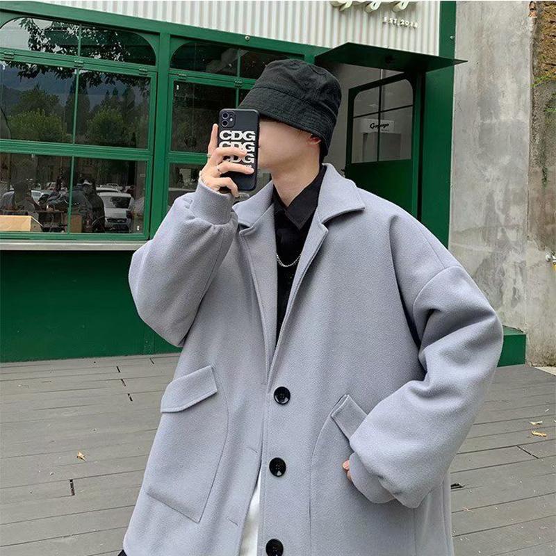 Men's Casual Windbreaker Medium and Short Woolen Thick Coat Tooling British Style Warm Long-sleeved Button Coat