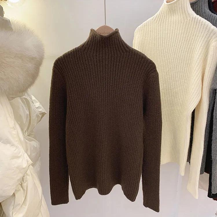 Women Half Turtleneck Pullover Sweater Autumn and Winter Thick Sweaters Women Casual Loose Jumpers Inside Solid Bottoming Sweaters Short Basic Tops