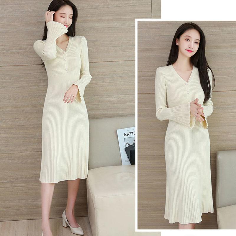 Autumn and Winter V-neck Knitted Dress Thick Flared Sleeve Tight-fitting Base Dress Mid-length Over The Knee Women's Sweater Dress