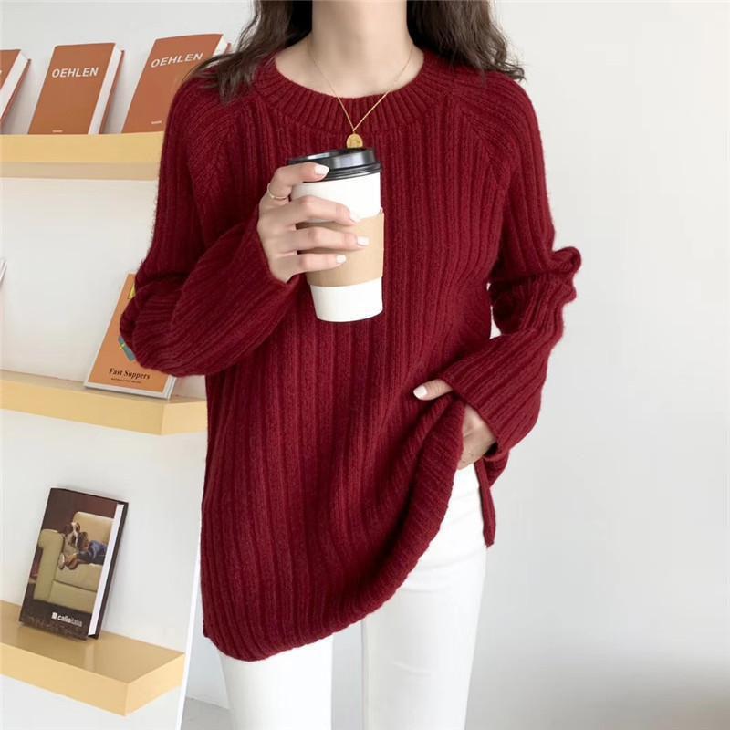 Autumn and Winter Loose Jacket Mid-length Casual Solid Color Sweater Round Neck Pullover Young Women's Top