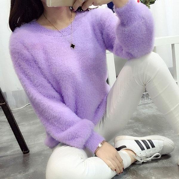 Autumn and Winter Round Neck Short Top Loose Pullover Solid Color Long-haired Sweater Thick Mohair Bottoming Shirt