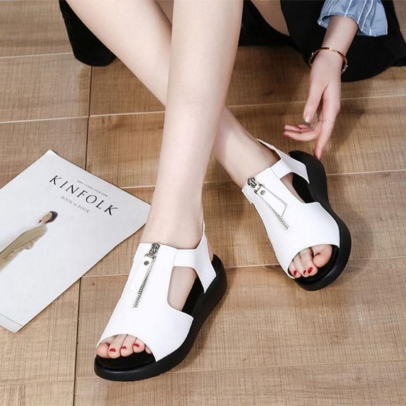 Plus Size 35-40 Summer Women Outdoor Black Leather Rome Flat High Heels Bohemian Beach Shoes Non-slip Office Lady Sandals