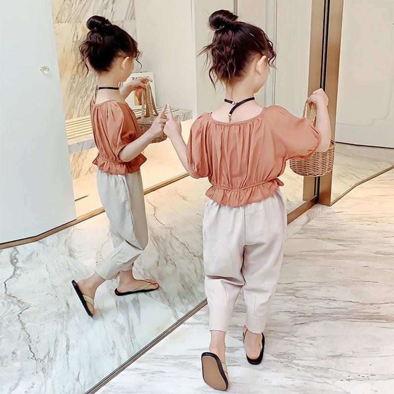 Girls' Suits Summer Children's Girls Korean Version of Thin Solid Color Fashionable Short Sleeve Two-piece Suit