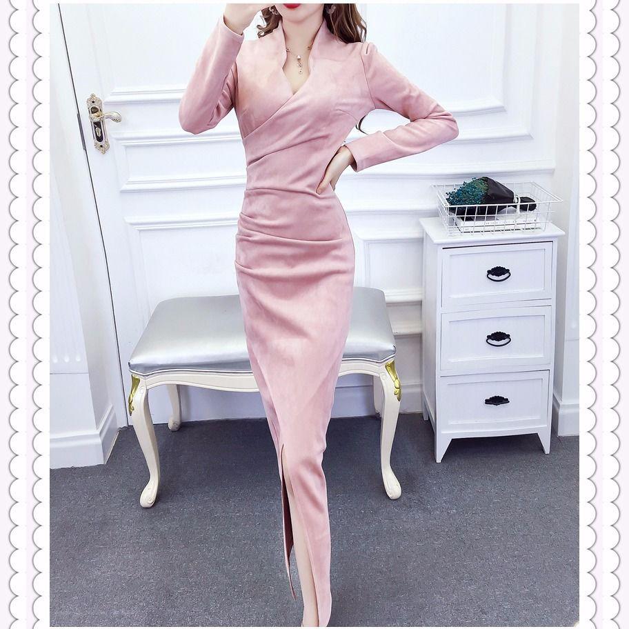 Women's Bottoming Shirt Knit Dress Fashion Slim Pullover V-neck Sweater Knitted Dress Mid-length Over-the-knee Bottoming Shirt