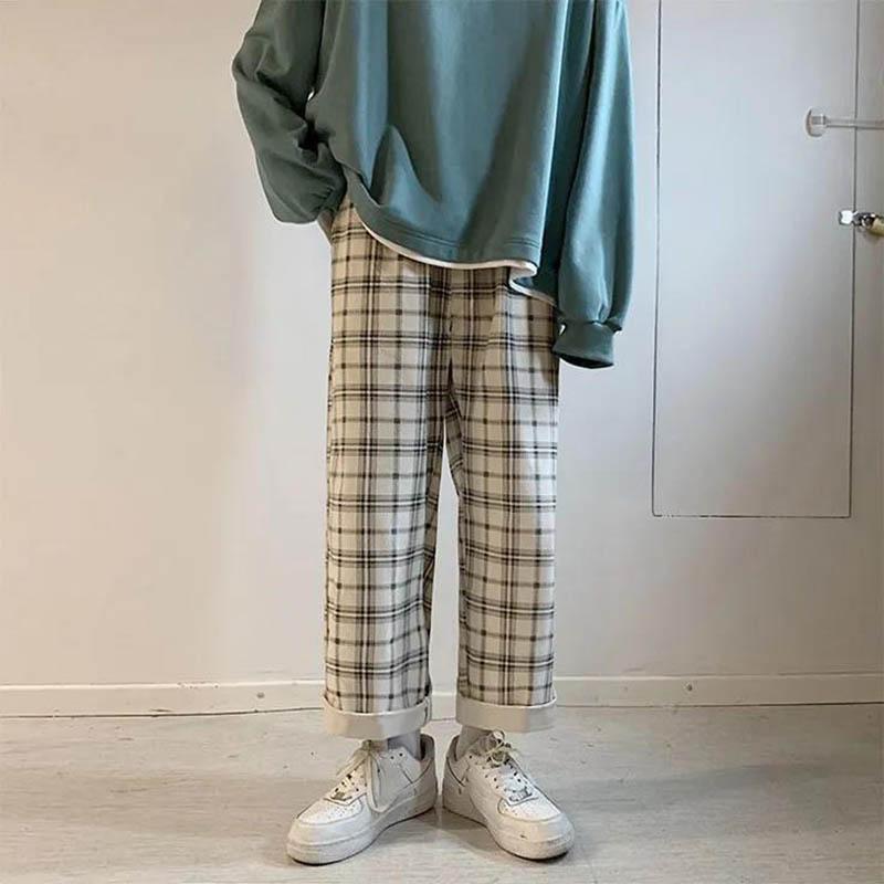 Pants Female Autumn and Winter Korean Students Plus Velvet Thickening Casual Straight Pants Loose Plaid Pants Wild Thin Wide-leg Pants