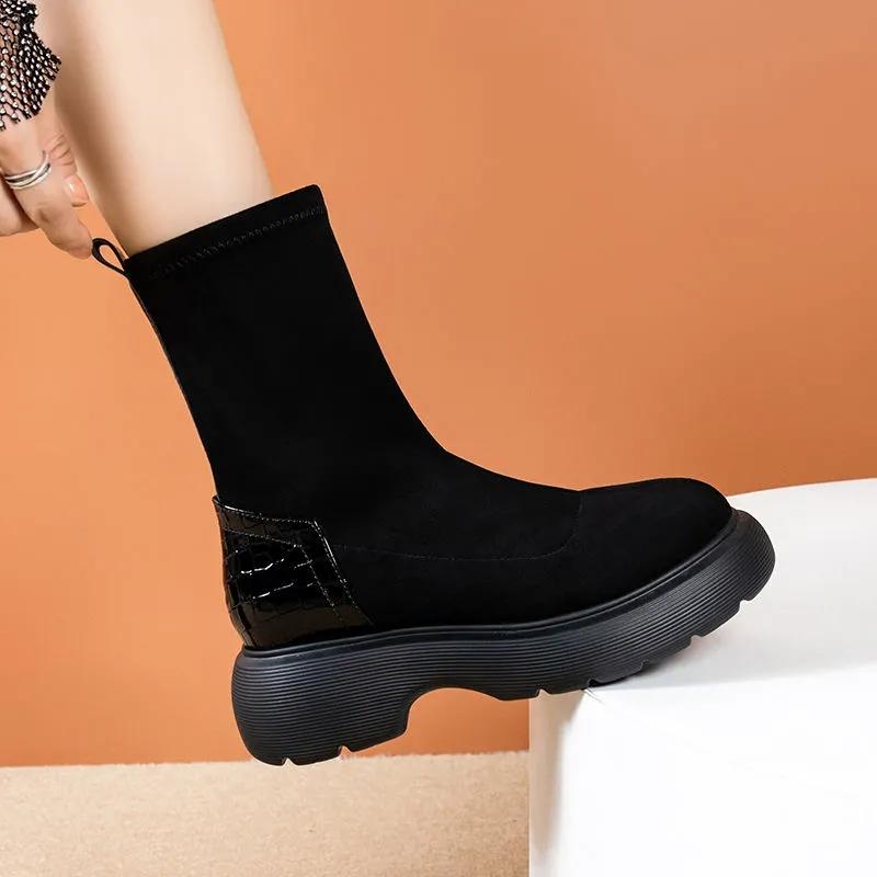 Black Boots Woman Autumn and Winter Elastic Boots Korean Version of Wild Short Boots Increased Thick-soled Boots Martin Boots