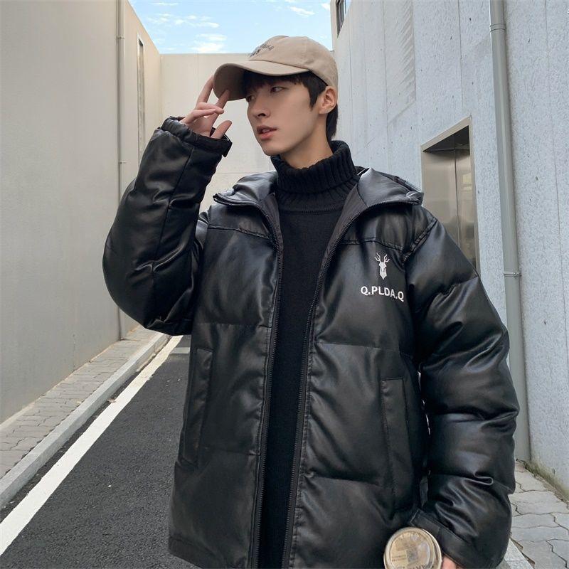 Men's Cotton-padded Jacket Winter Hong Kong Style Trend Loose Hooded Jacket Windproof PU Embroidered Winter Leather Padded Jacket