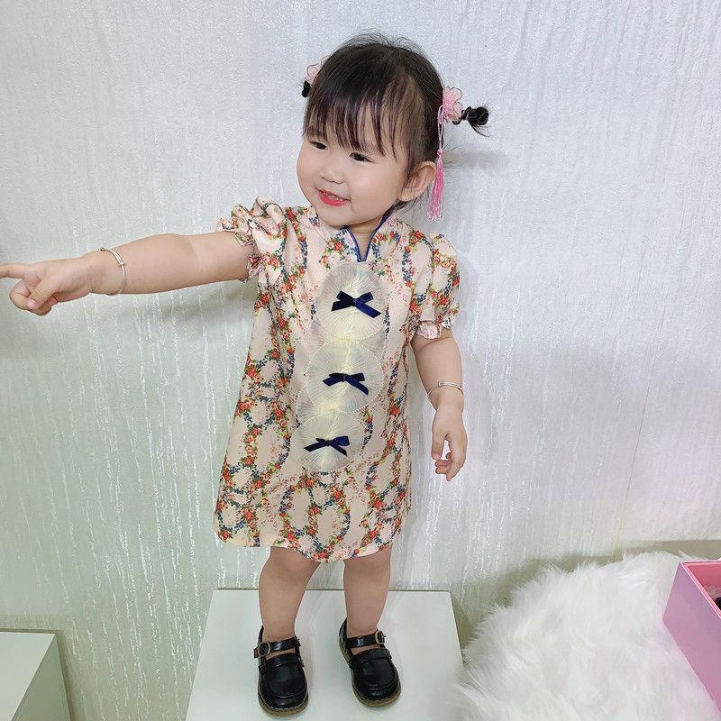 Girls Cheongsam Summer Girl Baby Puff Sleeve Dress Western Style Little Girl Dress