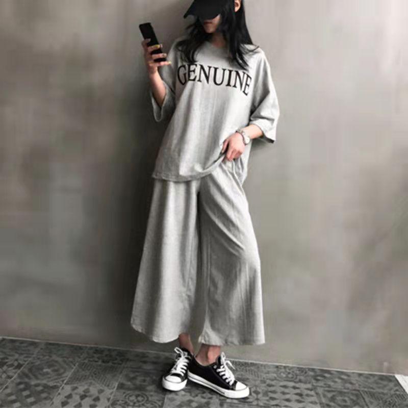 Plus Size Ladies Suit Letter Loose Short Sleeve T-Shirt Wide Leg Pants Two Piece Casual Sports Suit Athletic Girl Jogging Suits Track Suit