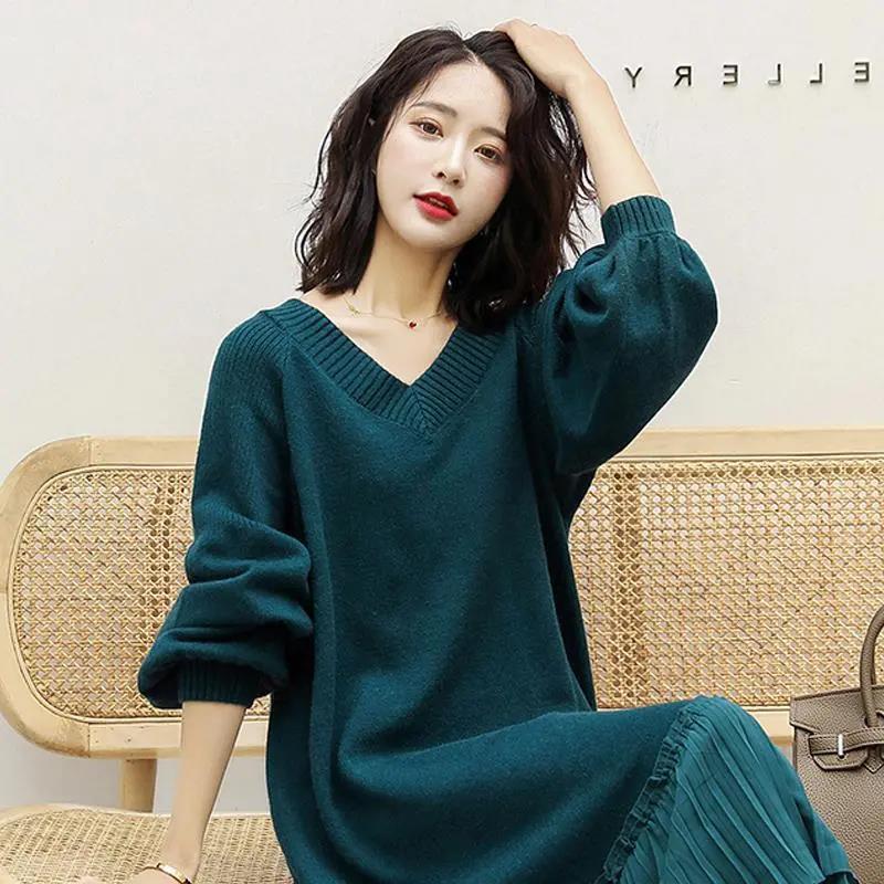 Knit Dress Female Autumn and Winter Long-sleeved Temperament V-neck Loose Long Slim Simple Sweater Skirt Bottoming Inner Wear