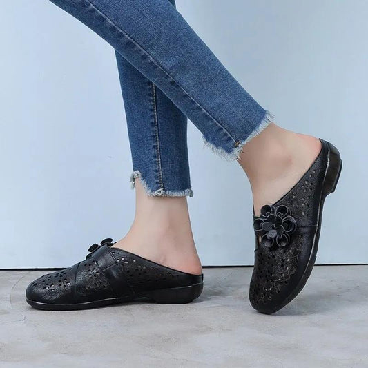 The First Layer of Cowhide Non-open Toe Half Slippers Women's Summer Wear Non-slip Tendon Soft Bottom Hole Shoes Home Flat Sandals Casual Shoes