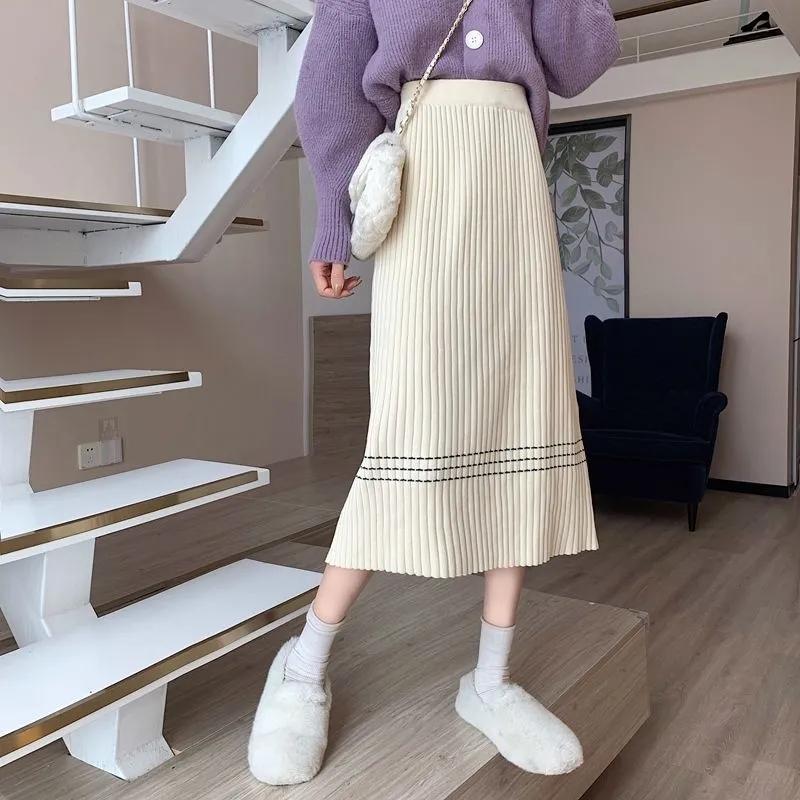 Knitted Skirt Autumn and Winter Women's High Waist Mid-length All-match A-line Skirt Covering Crotch