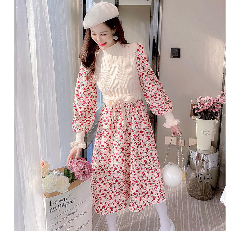 Autumn  Winter Corduroy Dress Women's Knitted Stitching Long-sleeved Long Floral Dress Sweet A-line Dress with Belt