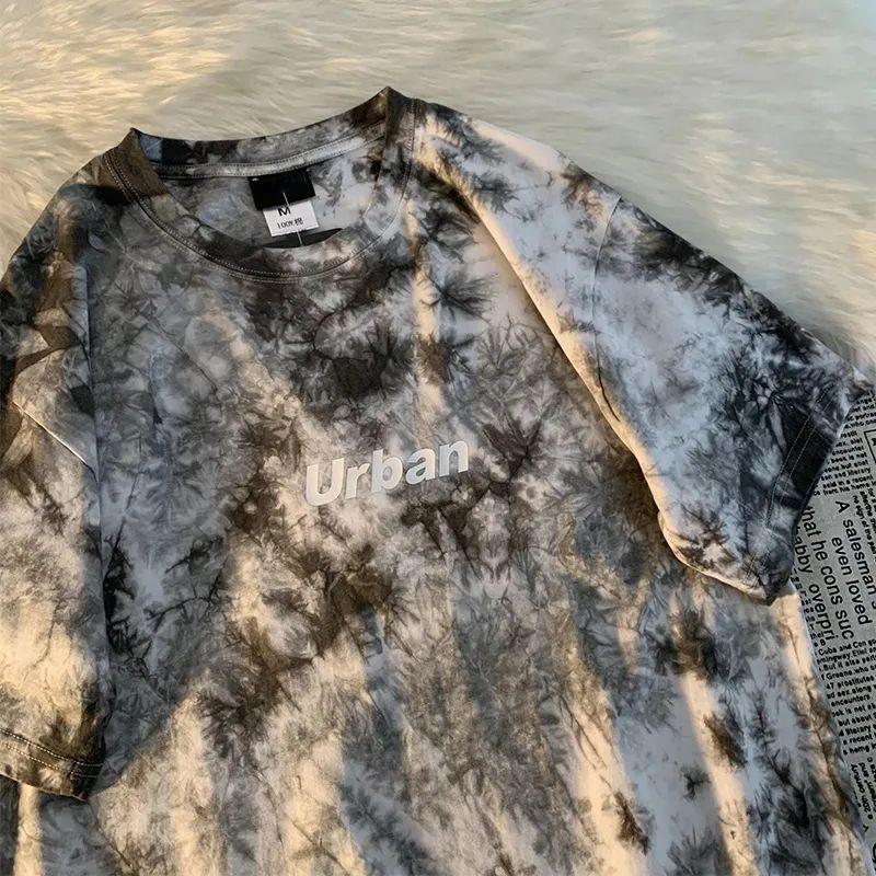 Women Summer Round Collar Short Sleeve T-shirt Loose Versatile Tie Dye Streetwear Letter Printing T-shirt