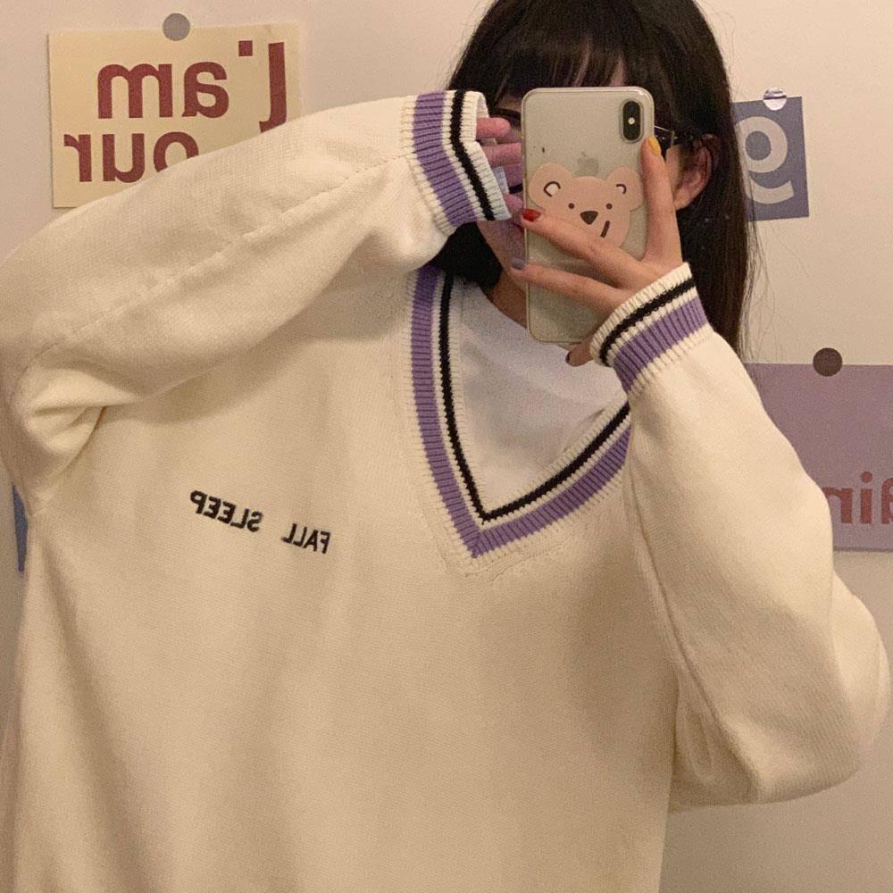 Pofulove Winter College Style V-neck Sweater Bottoming Sweater Female Korean Loose Long-sleeved Coat