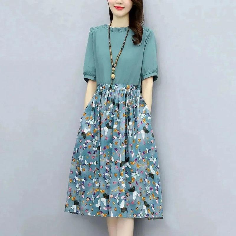 Women's Summer Dress Printed Round Neck Skirt Women's Large Size Mid Length A-line Skirt