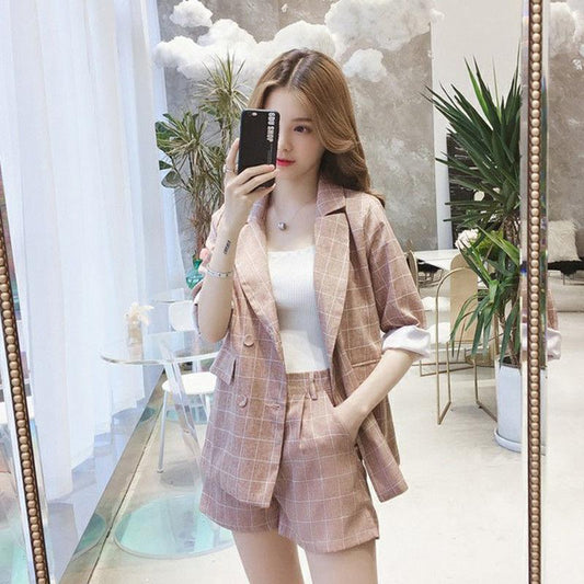 Casual Loose Suit Shorts Suit Women Spring and Autumn Casual Business Wear Plaid Jacket Two-piece Jacket + Shorts Fabric Soft Clearance Suit