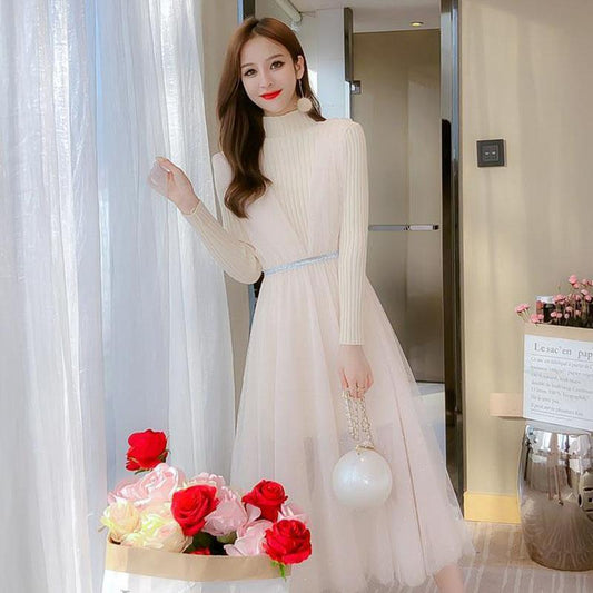 Spring and Autumn Knitted Dresses Are Thin Temperament Tops Tulle Skirts Women's Sweater Skirts