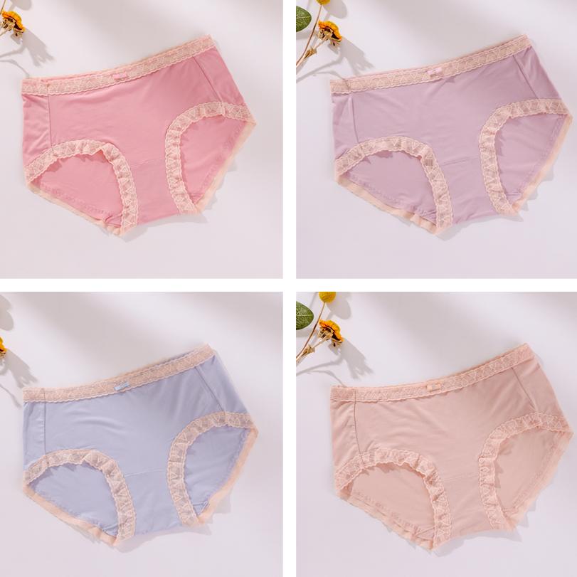 Women's Large Size Solid Color Cotton Crotch Underpants Female Soft Breathable Low-waist Seamless Lace Briefs