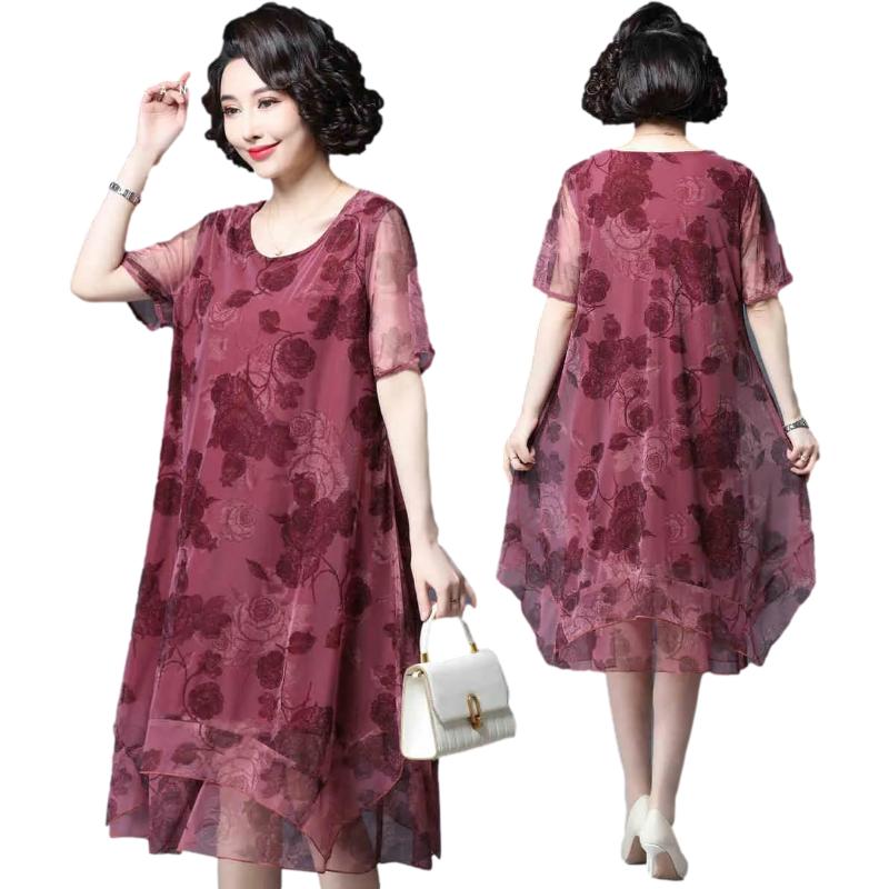 L-XXXXXL Women's Summer Dress Middle-aged Mother Chiffon Veil Short Sleeve Round Neck Printing Mid-length Daily Wear