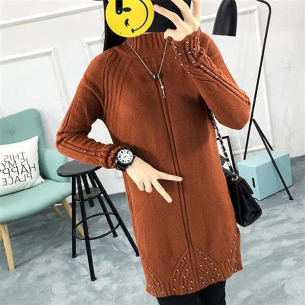 Autumn and Winter Half Turtleneck Sweater Loose Beaded Accessories All-match Bottoming Shirt Plus Size Knitted Female Dress