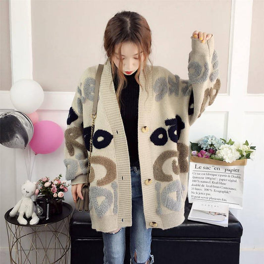 Women's Letters Jacquard Loose Knitted Jacket Long-sleeved V-neck Sweater Cardigan