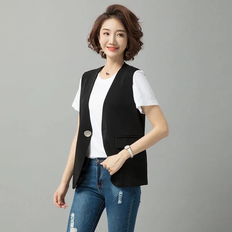 Women's Thin Suit Waistcoat Sleeveless Jacket Ladies Casual Single Button V-neck Short Suit Jacket Straight Vest Women's Suit Vest