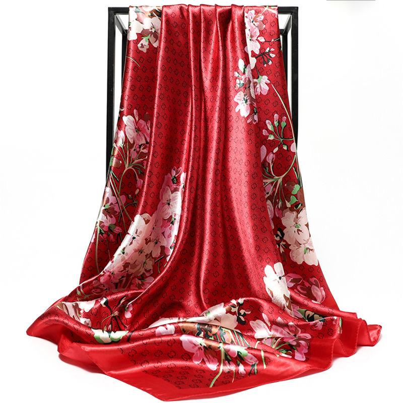 Square Silk Imitation Satin Women Elegant Scarf  Flower Wrap Shawl All-match Headscarf Sunscreen Gauze Shawl