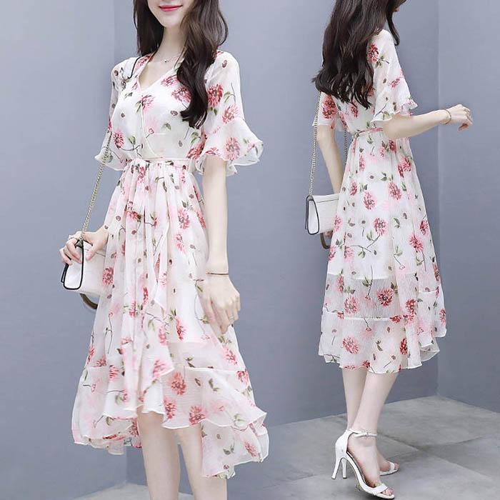 Pofulove Women Chiffon Printed V-neck Dress Slim Fit A-line Sun-dresses Mid-length Beach Skirt