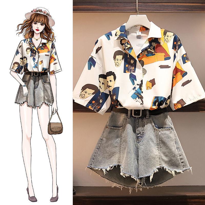 Women Summer Short Set Printed Short Sleeve Shirt and High-waist  Denim Shorts Two-piece Set Plus Size Outfits