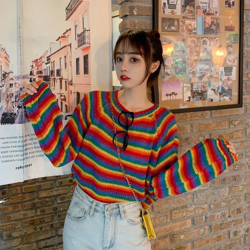 Short Rainbow Striped Sweaters Women Jumpers Knitted O-neck Loose Pullover Long Sleeve Knit Sweater Winter Female