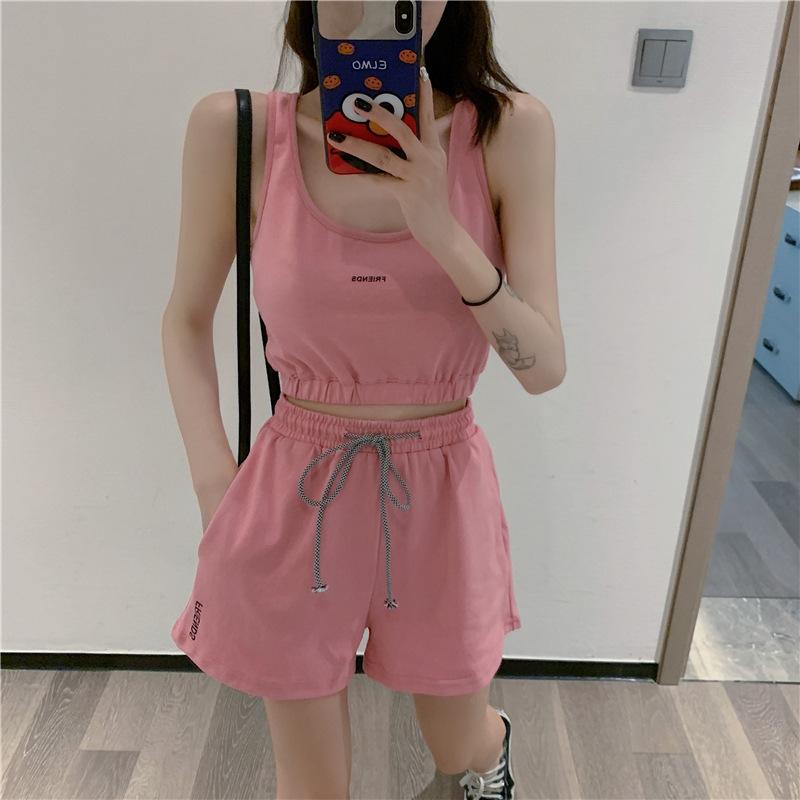 2PCS Summer Women's Sports Suit Vest T-shirt + Loose Drawstring Shorts Two-piece Set Fitness Running Jogging Suit Casual Workout Clothes Set