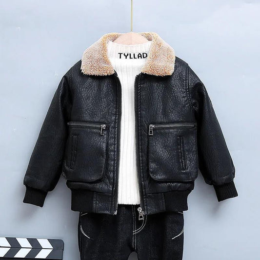 Children's Clothing Jacket Autumn and Winter Boys Plus Velvet Thick Leather Jacket Boy Baby Jackets Tide Children Plus Cotton Coat