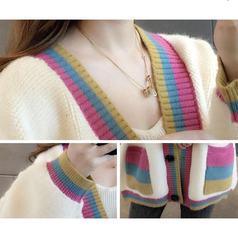 Women's Sweater Coat Autumn and Winter Color Matching Sweater Cardigan Loose and Lazy Wind Mid-length Knitted Cardigan Top