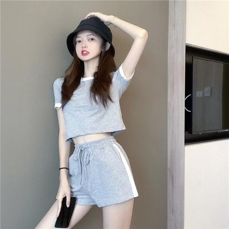 2PCS Summer Thin Short-sleeved Tops and Shorts Two-piece Sports Suits Casual Age-reducing Women's Clothing Workout Clothes Set Jogging Suit