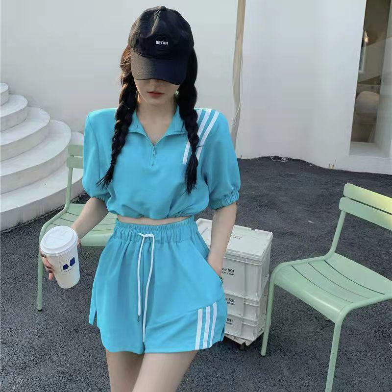 2PCS Female Sports Suit Student Ins Summer Loose Short-sleeved + Casual Striped Shorts Two-piece Set Athletic Clothing Sets Girl's Short Suit