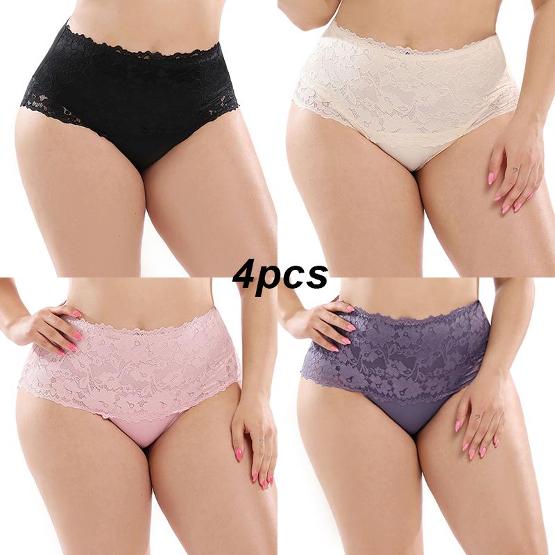 4pcs Plus Size Sexy Ladies Briefs High Waist Plus Size Lace Panties XL-5XL