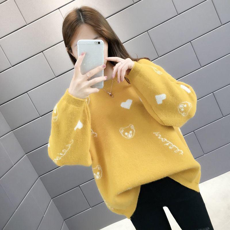 Autumn and Winter Thick Plus Size Sweater All-match Thinner Round Neck Jacket Lantern Sleeve Knitted Female Top