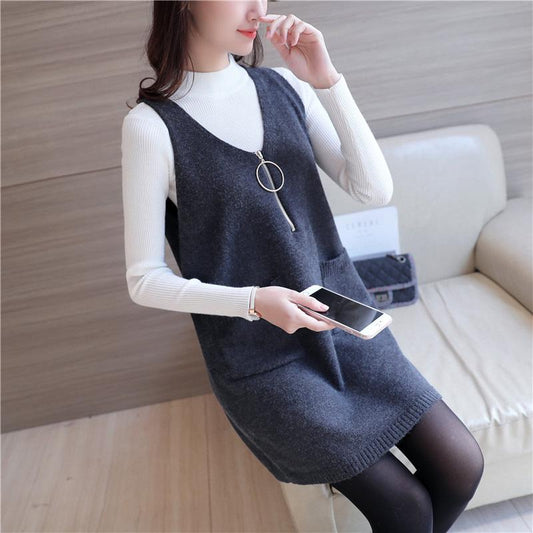 Core-spun Yarn Autumn and Winter Korean Mid-length Bottoming Shirt Loose Knit Camisole Skirt Solid Color Slim Sweater Coat