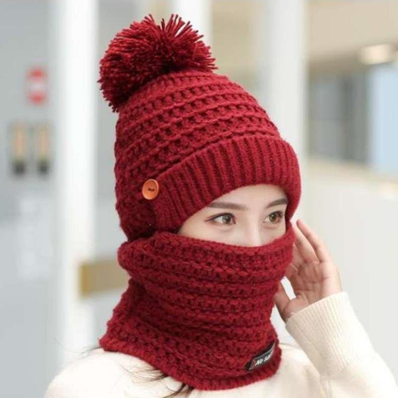 Women's Winter All-match Hats Plus Velvet Thickened Cold Proof Warm Cycling Windproof Woolen Hat with Scarf Cap Set Fur Ball Knitted Hat Bib Mask