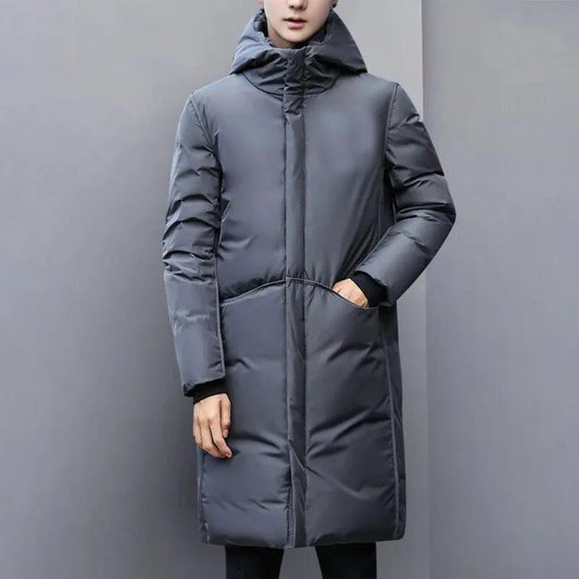 Men's Hooded Down Jacket Mid-length Winter Thick Warm Cotton Jacket Men's Casual Top Solid Color All-match Zipper Coats Can Be Worn In Northern Russia