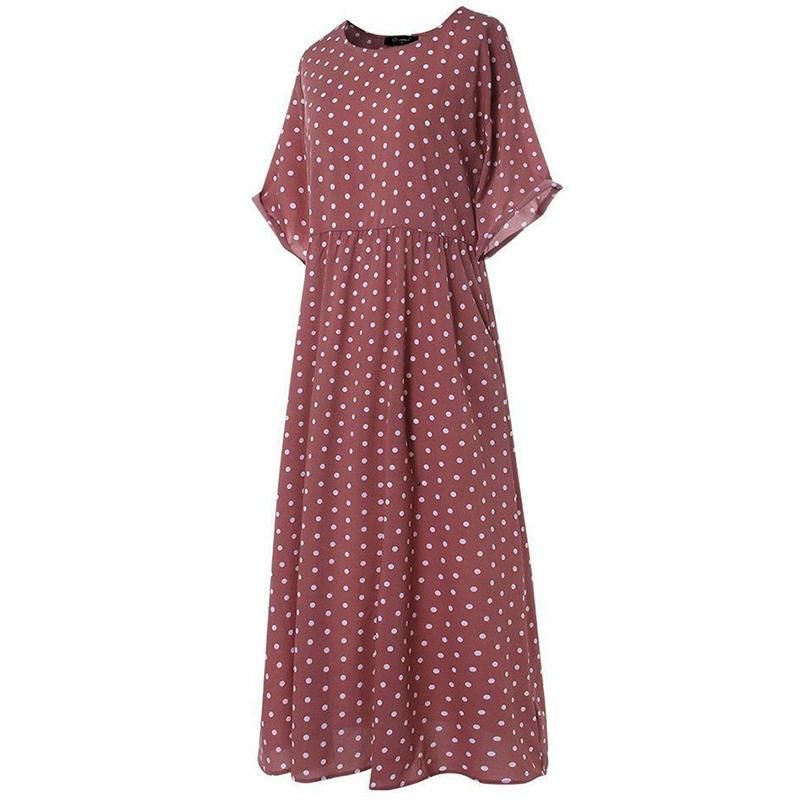 Four Colors Women Round Neck Short Sleeve Polka Dot Dress Casual Summer Long Dresses Lady Dresses