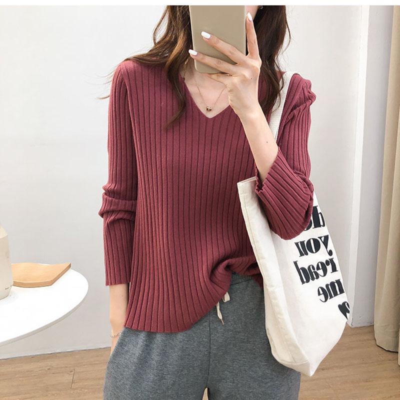 All-match V-neck Long-sleeved Sweater Women's Autumn and Winter Loose and Thin Sets of Student Base Sweater