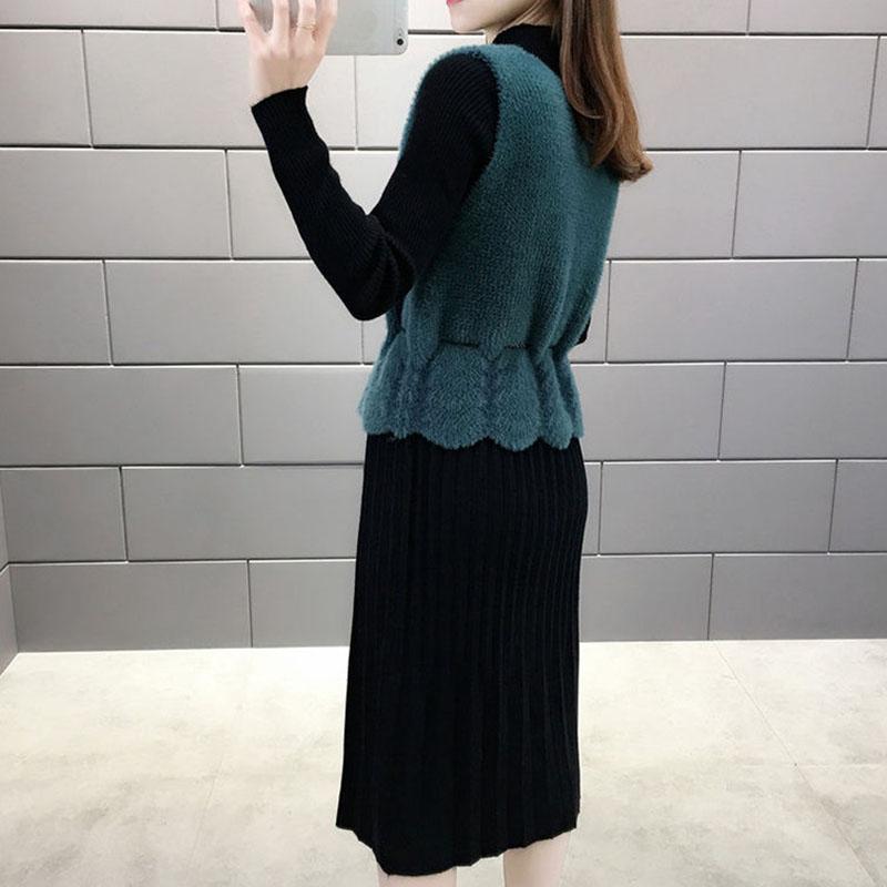 Women's Sweater Dress Set Autumn Waist Knit Mohair Vest and High Neck Slim Sweater Dress Two-piece Suit Ladies Outfits