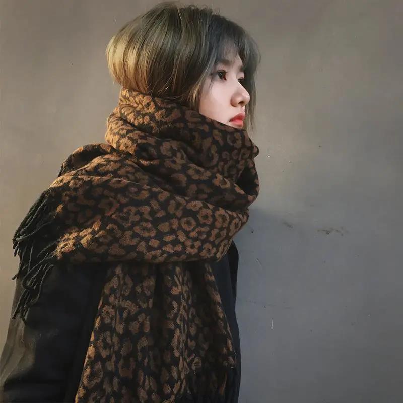 =Winter Imitation Cashmere Scarf Korean Fashion Leopard Print Scarf Thick Warm Women's Dual-use Scarf Shawl