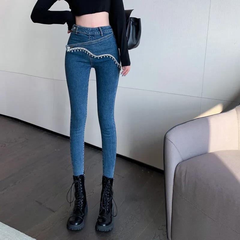 High-waist Jeans Female Autumn Diagonal Buckle Asymmetric Large Size Beads Stitching Heavy Work Slim Nine Points Small Foot Pencil Pants